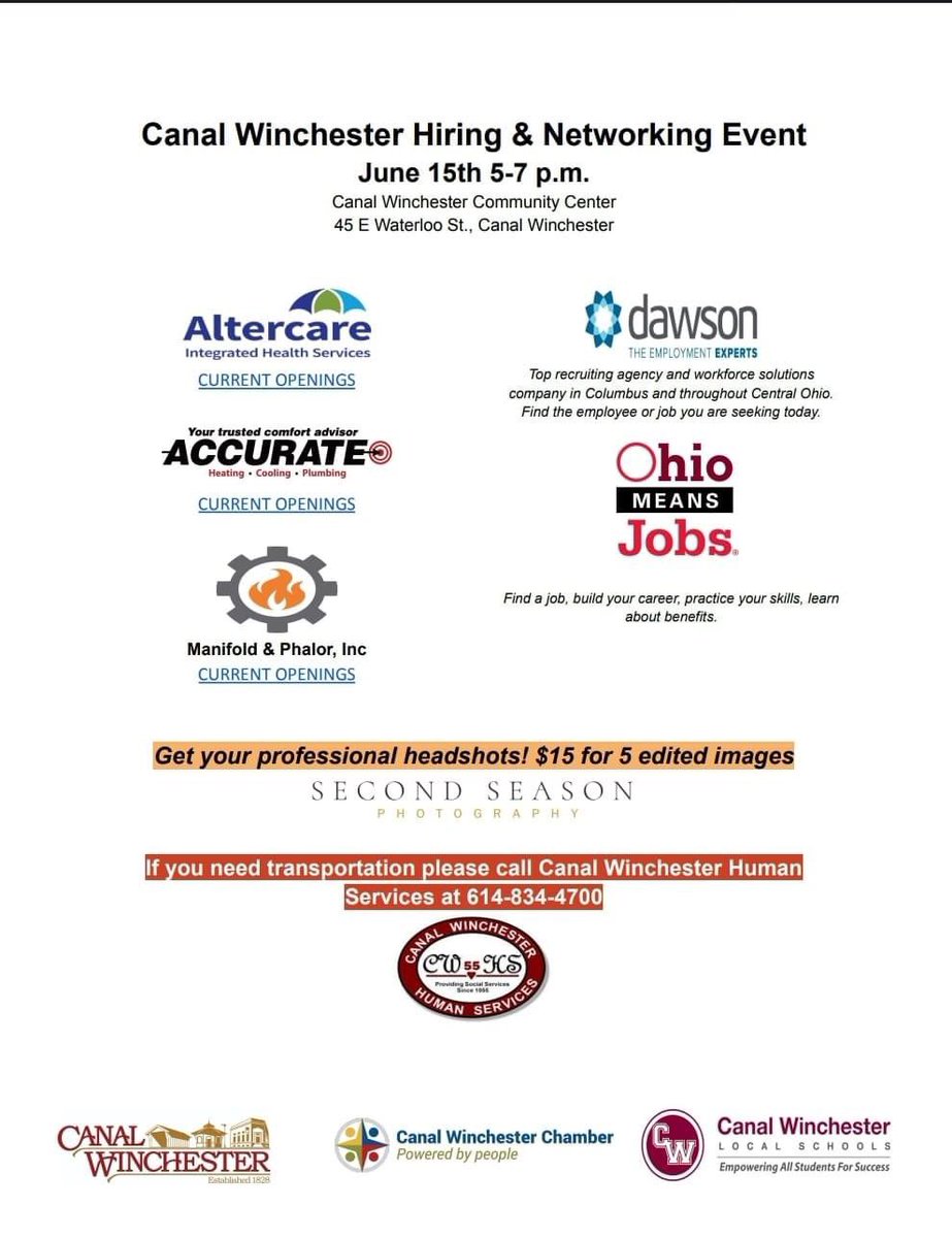Looking for work? Check out the Canal Winchester Networking &amp; Hiring event on June 15th! 

$15 professional headshots and transportation available!