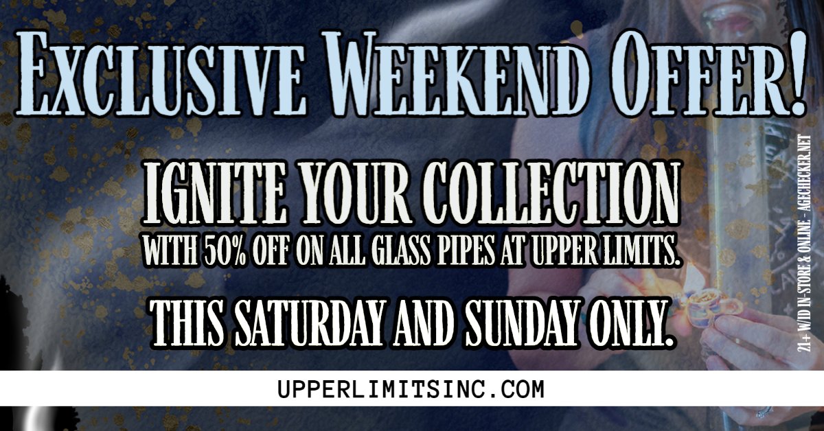 Get ready to ignite your weekend with an incredible offer from Upper Limits! We're turning up the heat with a massive 50% OFF sale on all our glass pipes, both online at upperlimitsinc.com and in-store. This is a deal you simply cannot afford to miss. #glasspipes