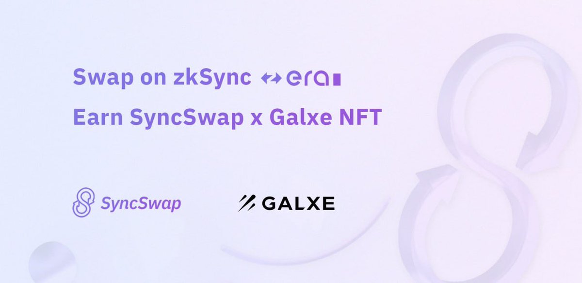 Join the zkSync Season with  <a href="/syncswap/">SyncSwap (((+)))</a>!

Follow, retweet, and make a swap on zkSync Era with SyncSwap to get your special SyncSwap x Galxe NFT. Don't miss out on this opportunity.

gal.xyz/PS39jo