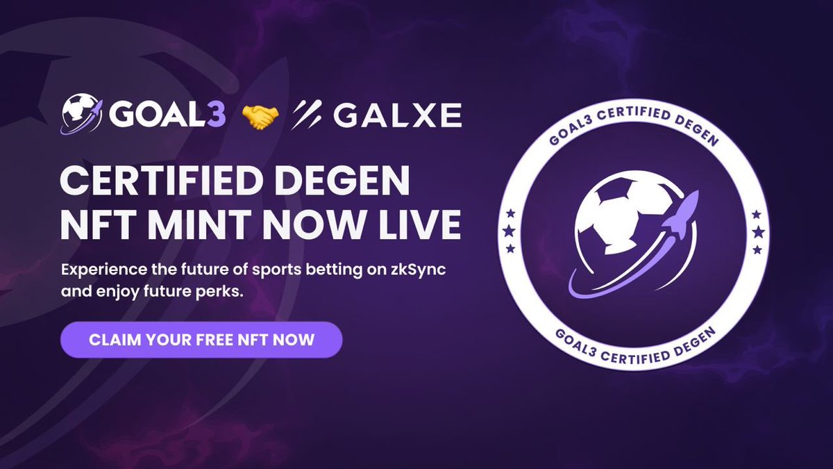 Become a @Goal3_xyz Certified Degen and earn the exclusive badge on the new Era! 

Complete the tasks listed to mint your badge. Embrace the Degen spirit and farm $ZKG and $ZKS airdrops.

gal.xyz/APFE6n
