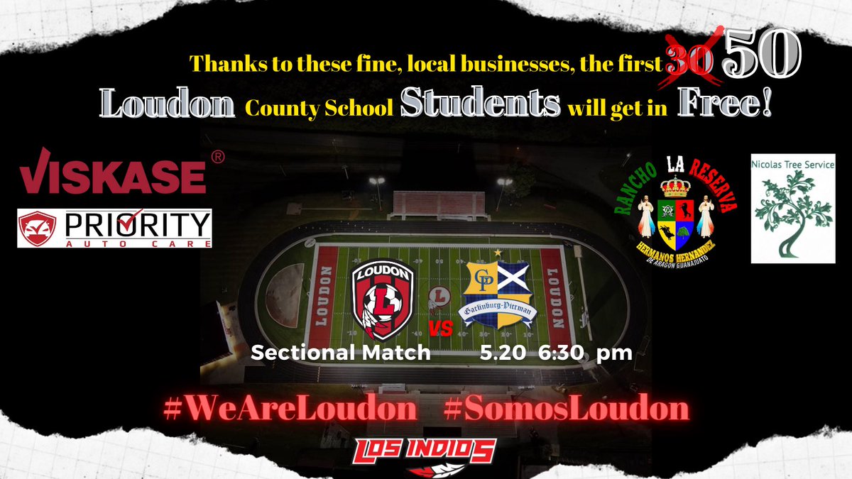 Thanks to some very gracious local businesses, the FIRST 50 Loudon County School Students (K-12) are FREE! #VAMOSINDIOS #WEARELOUDON #SOMOSLOUDON