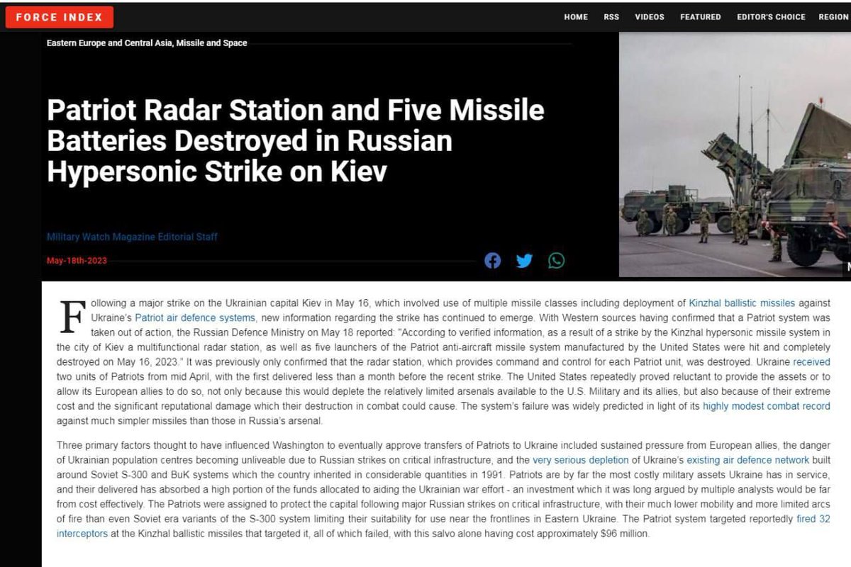 RoldanFidias's tweet photo. ❗️Treinta y dos misiles Patriot🇺🇸 se desperdiciaron al intentar derribar una Daga🇷🇺. 
/Military Watch Magazine/

Patriot disparó 32 misiles en un ataque reciente en un intento de derribar el Kinzhal ruso, pero todos fallaron, escribe la edición estadounidense de Military Watch Magazine. Solo esta salva costó aproximadamente 96 millones de dólares. Y luego, el costoso sistema de defensa aérea fue alcanzado por un misil ruso.

Ucrania ha recibido dos unidades Patriot desde mediados de abril, una de las cuales se entregó menos de un mes antes del ataque reciente. Estados Unidos se mostró reacio a suministrar estos sistemas a Kiev o permitir a sus aliados europeos🇪🇺, no solo por los arsenales limitados, sino también por su costo extremadamente alto y el posible daño significativo a la reputación.

La falla del sistema fue ampliamente predicha a la luz de su muy modesta experiencia de combate contra misiles mucho más simples que los del arsenal ruso, dijo la publicación.

#Rusia #Ucrania #EEUU #OTAN #wofnon