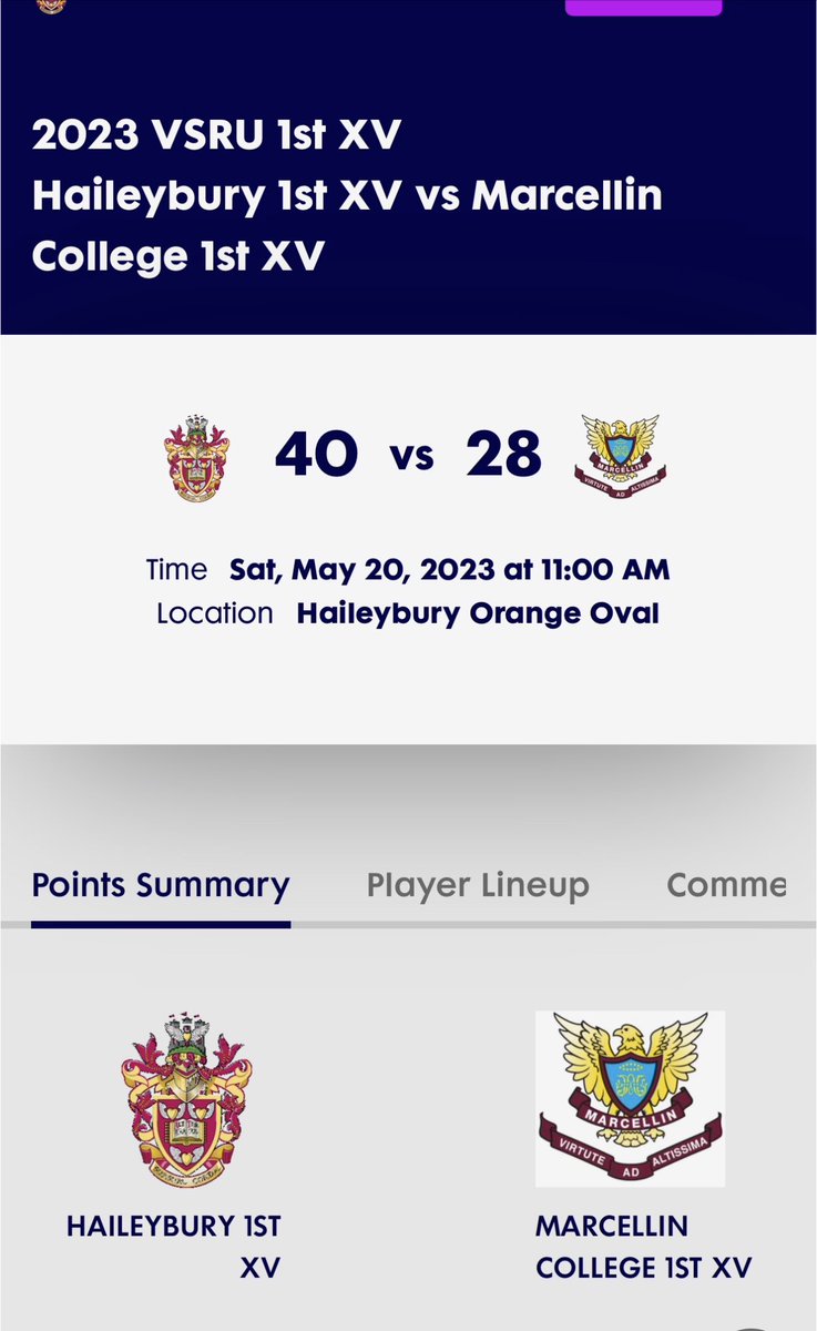Gecks69's tweet image. 💜🖤 40-28 win to the Bloods (First XV Rugby). Tries to captain Will Toohey (3), Nic Tindall, Zac Grech and Mitch Thomas for @Haileybury 🏉 v @Marcellin Eagles @sportsagsv on the Orange Oval at Keysborough @VicSchoolsRugby @APS_Sport
@HYRugby @hy_Rush_Club