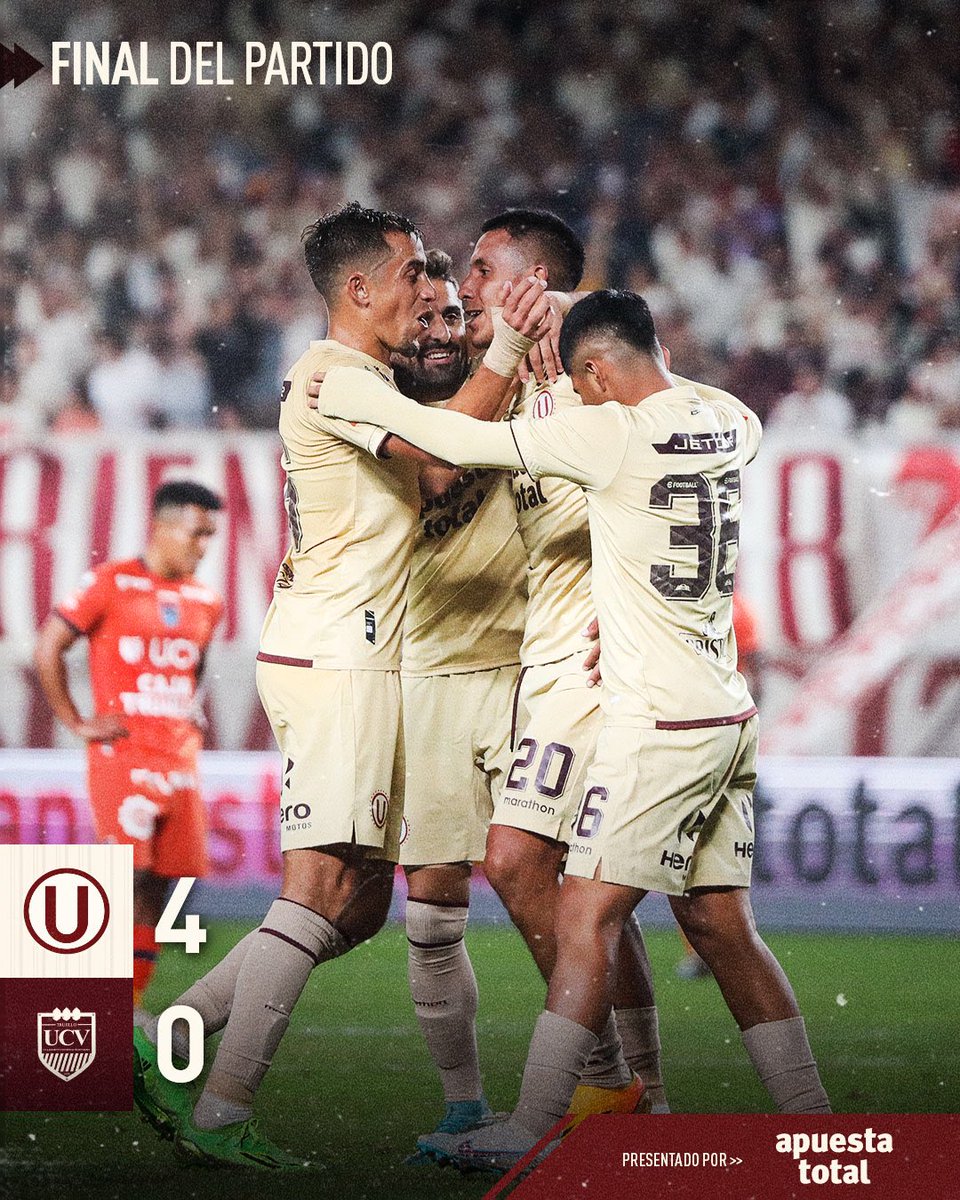 Universitario's tweet photo. 𝙂𝘼𝙉𝙊́ 𝙀𝙇 𝙈𝘼́𝙎 𝘾𝘼𝙈𝙋𝙀𝙊́𝙉 💪

𝙔 𝘿𝘼𝙇𝙀 𝙐 𝙏𝙊𝘿𝘼 𝙇𝘼 𝙑𝙄𝘿𝘼 

⚽️ Universitario 4-0 @clubucv 

#ConLaUHastaElFinal https://t.co/LBy1vL2QDA
