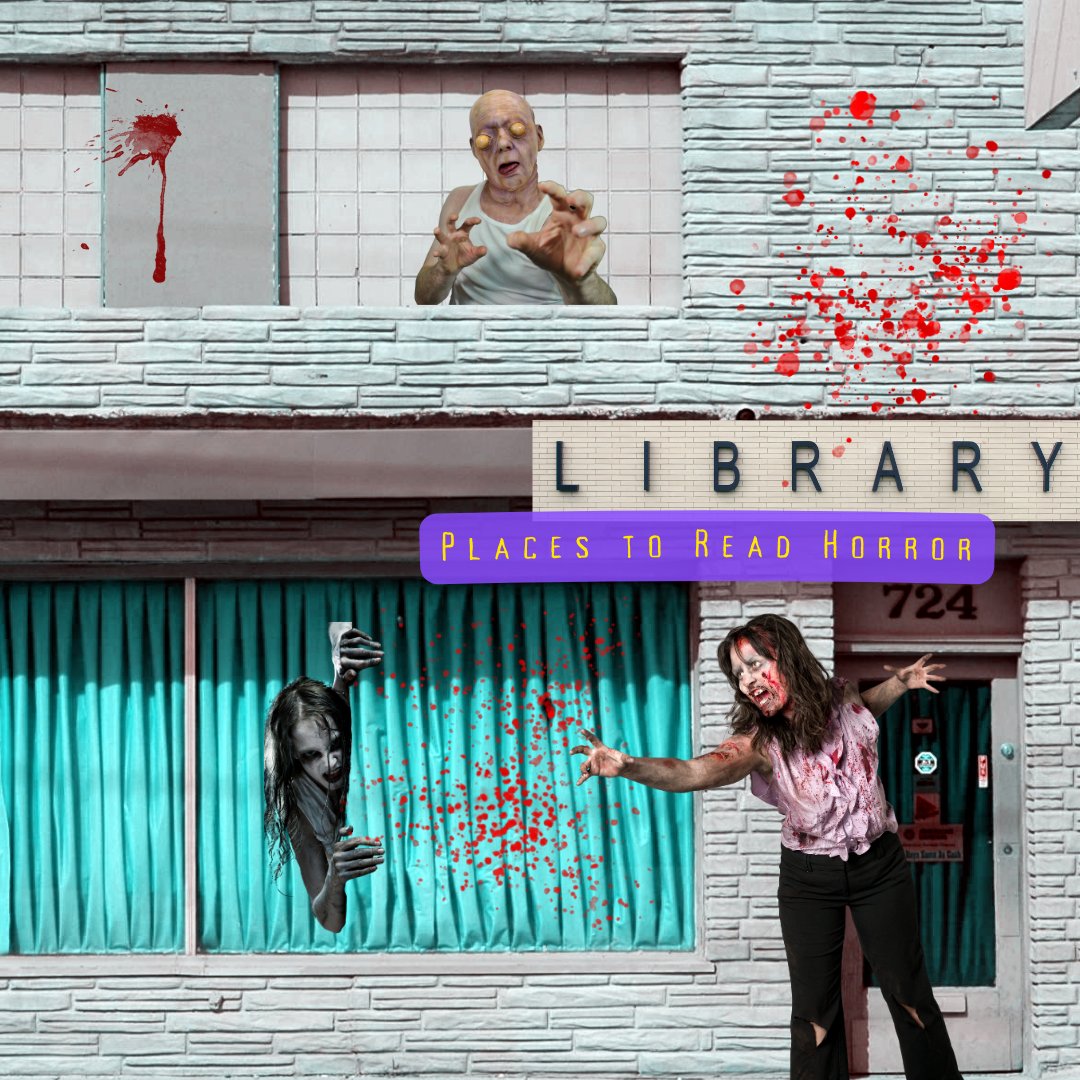 Places to read #horror...
at the library with #zombies
Another in my #horrorcollage series with focus on #horrorart
More of my #darkart & #horrorcomedy at 
winniejeanhoward.com
#creepyart #readhorror #flesheaters