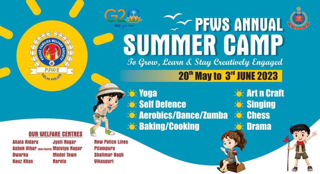 pfws1's tweet photo. #PFWS द्वारा आयोजित #SummerCamp में सभी @DelhiPolice परिवार सदस्यों का स्वागत है।हम आशा करते हैं कि आप अपने समय का सदुपयोग करके कुछ नया सीखेंगे व अपनी ऊर्जा का सही जगह उपयोग करेंगे।शारीरिक,मानसिक,सामाजिक व अन्य सभी क्षेत्रों में ज्ञान अर्जित करेंगे। https://t.co/LBeazS3n2L