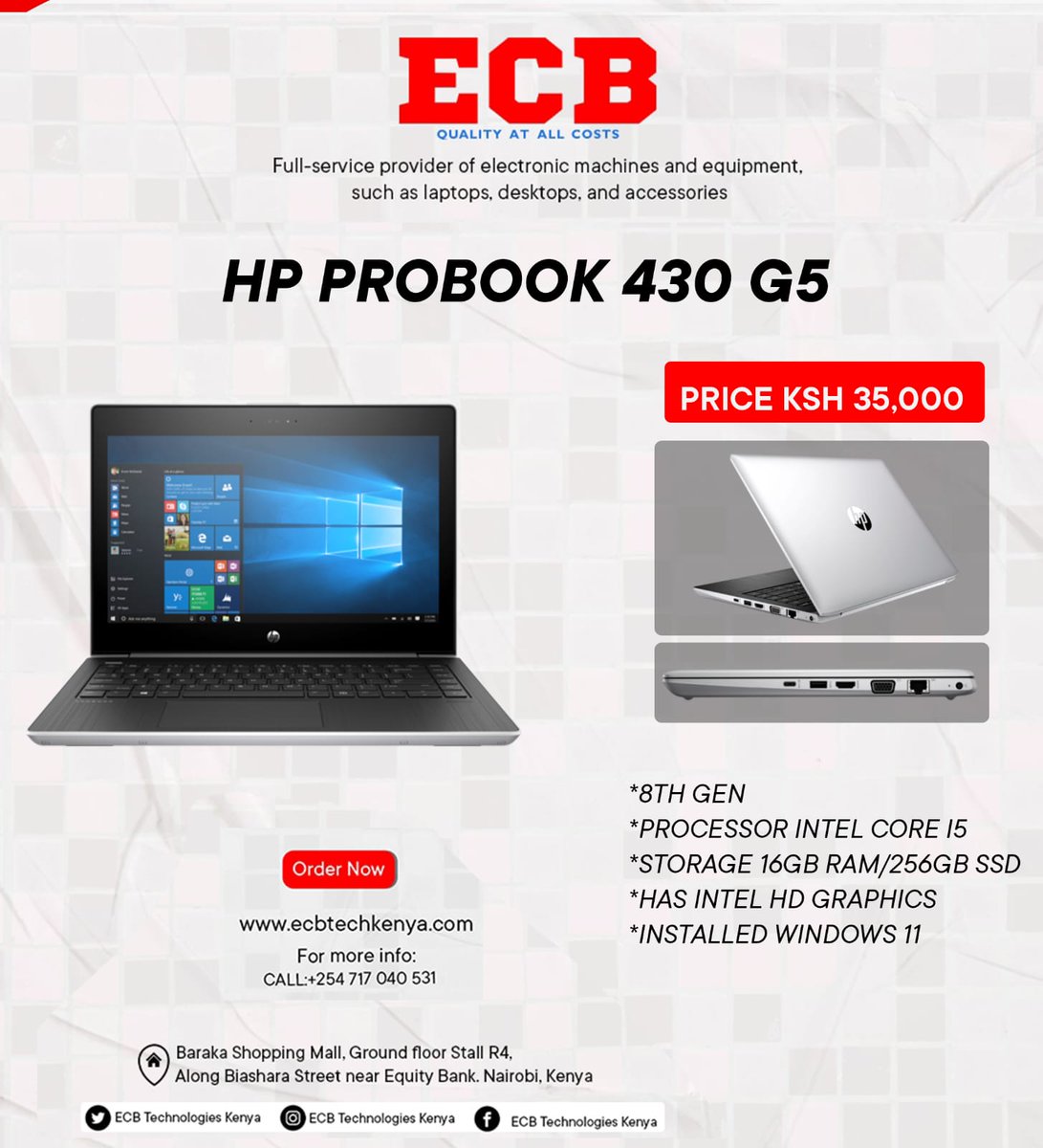 At only 35k, you can get this HP Probook 430 G5 , an 8th Generation laptop with installed windows 11
#ECBTechnologiesKE
Quality laptop 
Ecbtechkenya