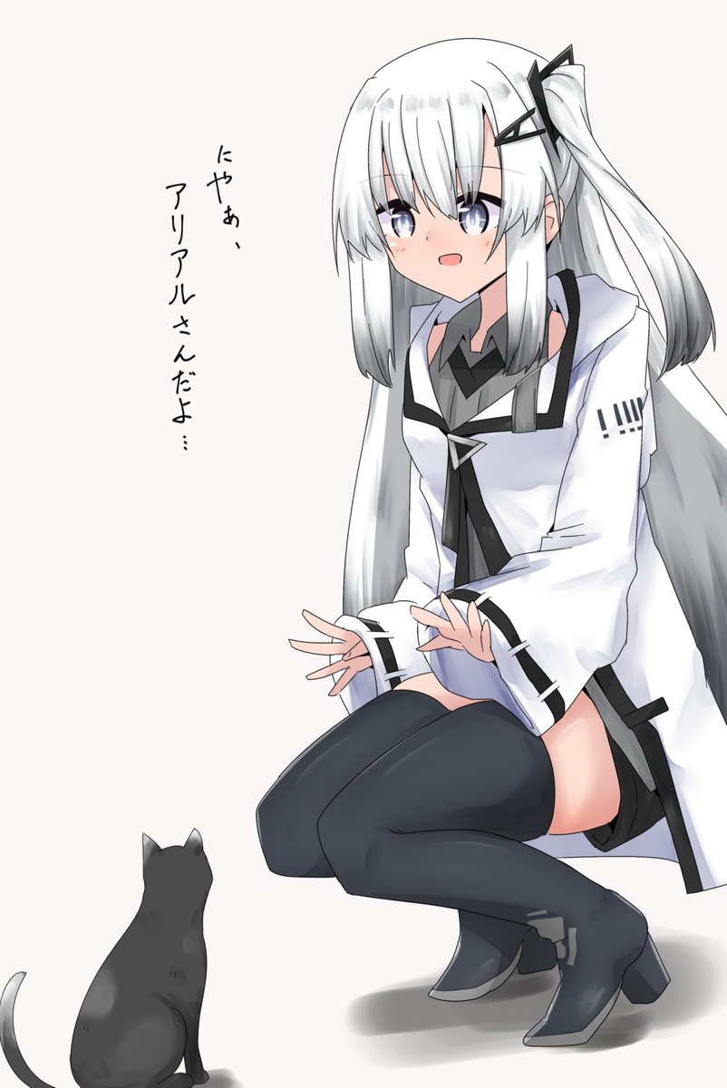 1girl thighhighs cat one side up grey eyes squatting black thighhighs  illustration images