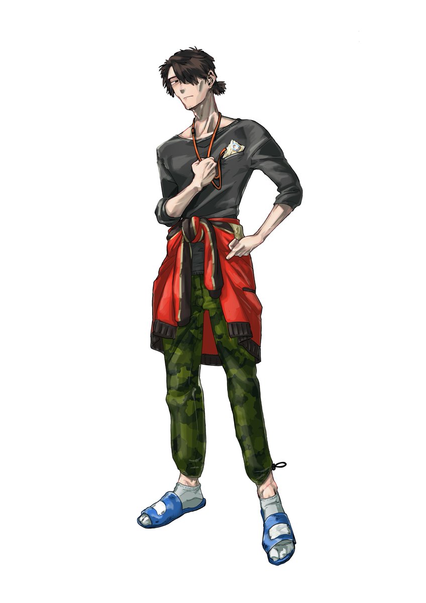 1boy male focus clothes around waist solo camouflage jacket around waist white background  illustration images