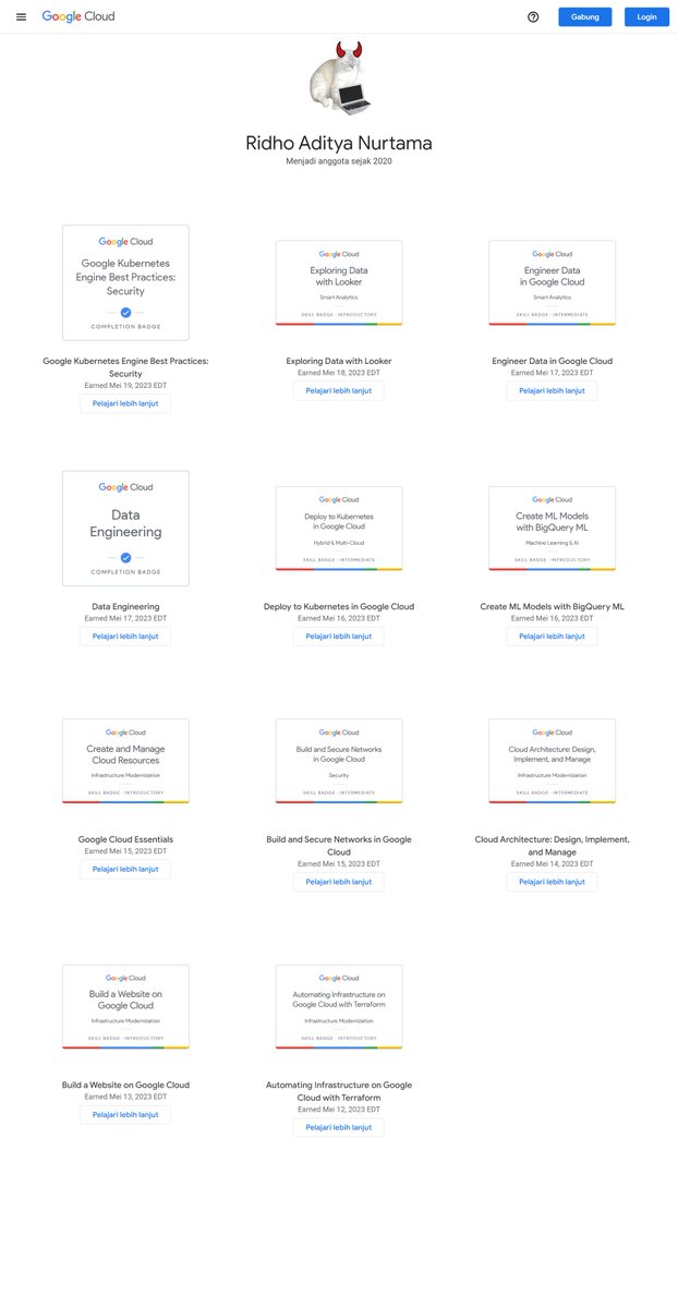 bujang2603's tweet photo. Halo semuanya, saya baru saja menyelesaikan tantangan #JuaraGCP season 9 dengan menyelesaikan 10 quest yang ada.

Dengan quest-quest yang saya selesaikan, saya mempelajari Cloud architecture, BigQuery ML, deploy kubernetes, dan lainnya.
Terimakasih #JuaraGCP https://t.co/hxRAgR6ATe