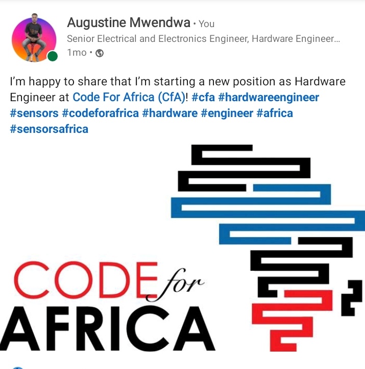 AugustineMwen18's tweet image. I am starting a new position as hardware Engineer at Code for Africa. Circuit design and hardware programming has always been my hobby... Let&apos;s innovate and bring solutions to the very key issues affecting us especially here in Africa. #sensorsafrica #codeforafrica #Engineering