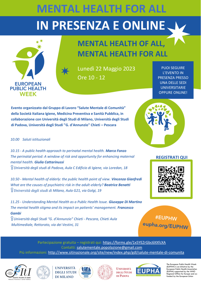 Il Gruppo di Lavoro Salute Mentale di Comunità SItI propone il networking event "Mental Health of all, Mental Health for all" 🧠
🗓 lunedì 22 maggio 10-12
Programma completo: lnkd.in/dGGkYnj3
Form di iscrizione: lnkd.in/dcvmPAaq
#mentalhealth  #EPHW #EPHWItaly