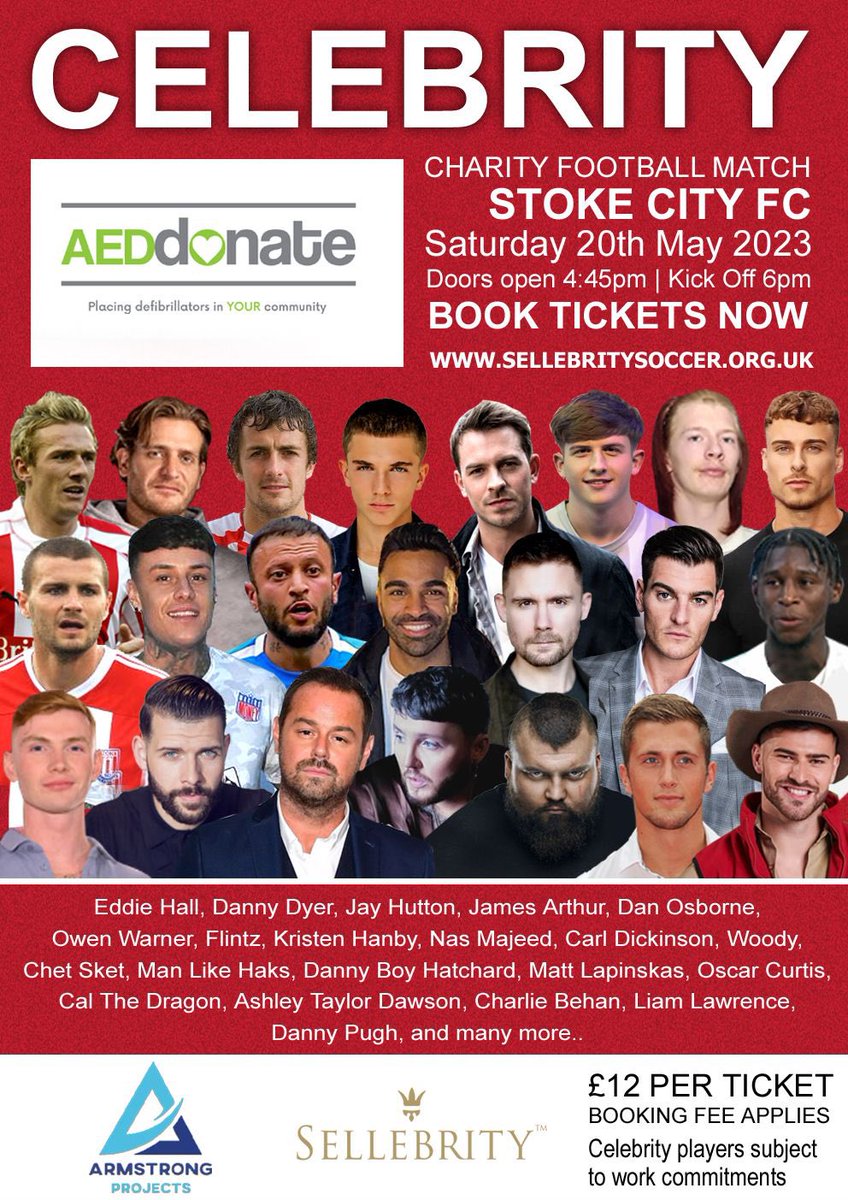 ⚽️ MATCH DAY TODAY - KICK OFF 6PM ⚽️ STOKE CITY FC Our huge celebrity charity match at @stokecity for @AEDdonate is here Book online all the way up to kick off or pay on the day sellebritysoccer.org.uk ⚽️⚽️