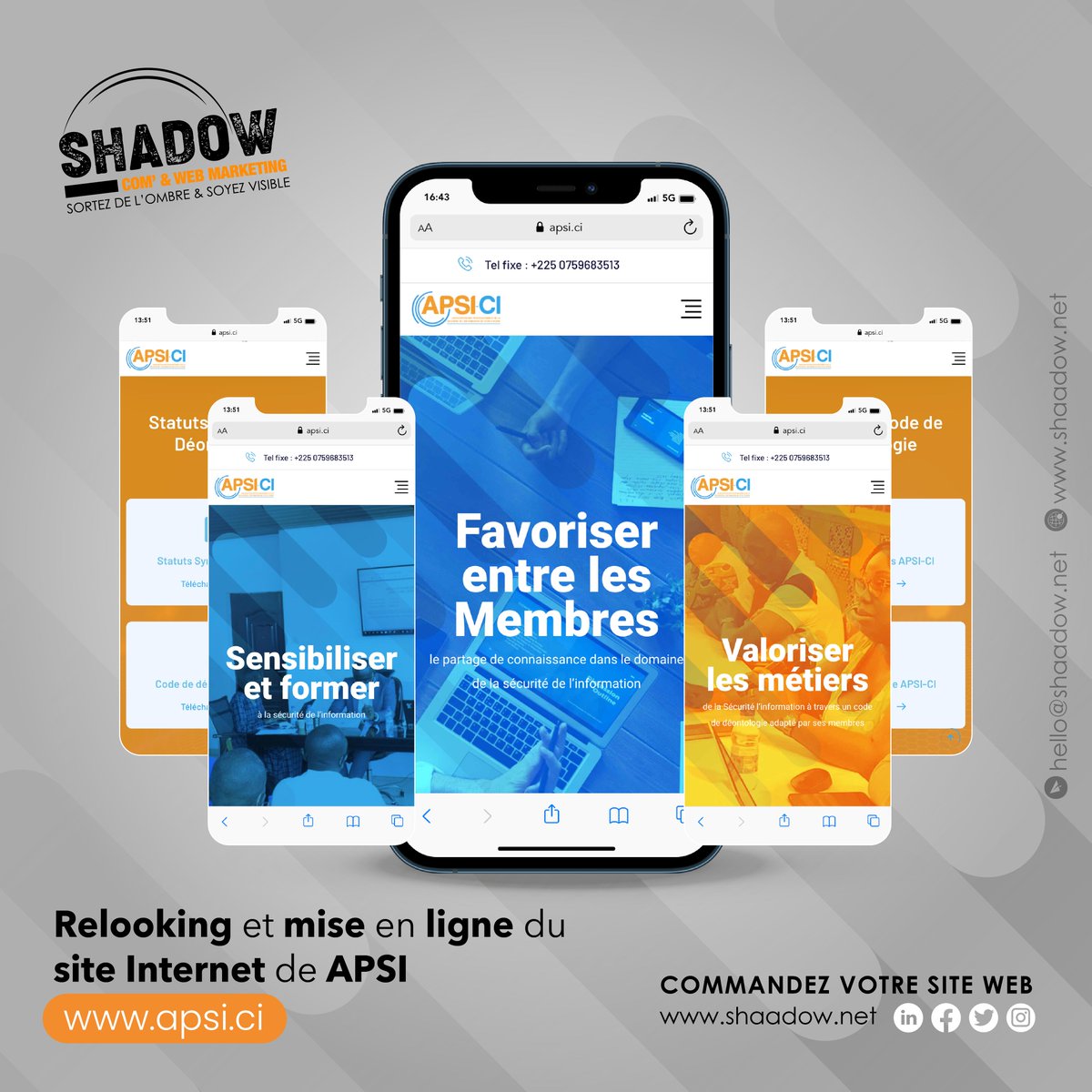 Shaadowagency's tweet photo. C'est avec une grande satisfaction que nous clôturons cette semaine en accomplissant la refonte du site web de notre partenaire APSI-CI.

Contactez-nous pour votre projet de site web ici 👉 https://t.co/a93j0dEvYr https://t.co/fIjw3Swhn5