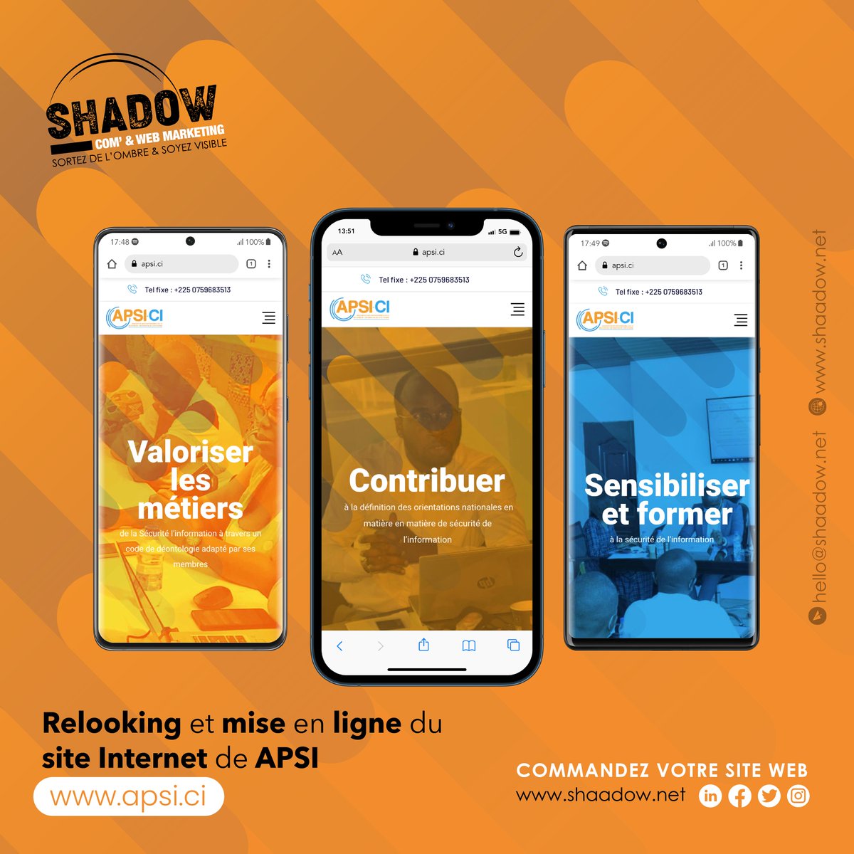 Shaadowagency's tweet photo. C'est avec une grande satisfaction que nous clôturons cette semaine en accomplissant la refonte du site web de notre partenaire APSI-CI.

Contactez-nous pour votre projet de site web ici 👉 https://t.co/a93j0dEvYr https://t.co/fIjw3Swhn5