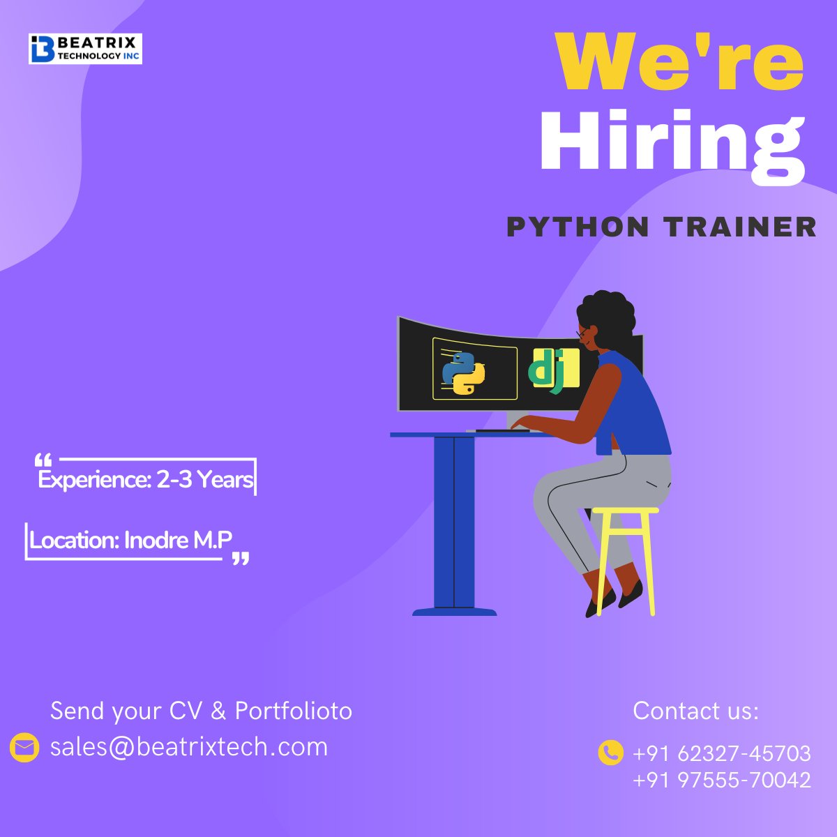 beatrixtech's tweet image. Do you have a talent for teaching and a love of Python? We're looking for an experienced Python Trainer to join our team and help us inspire and educate others.
Send your CV to: sales@beatrixtech.com
Call:- +91 62327-45703
#PythonTrainer #PythonInstructor #PythonEducation