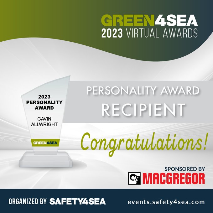 safety4sea's tweet image. 2023 #GREEN4SEA Awards: Mr.  Gavin Allwright, @iwsa_secretary, received the Personality Award, sponsored by MacGregor, for creating momentum in promoting wind propulsion in commercial #shipping.

🎉👏 Congratulations 🎉👏

#ICYM, you can click here👉bit.ly/3LTSJzW