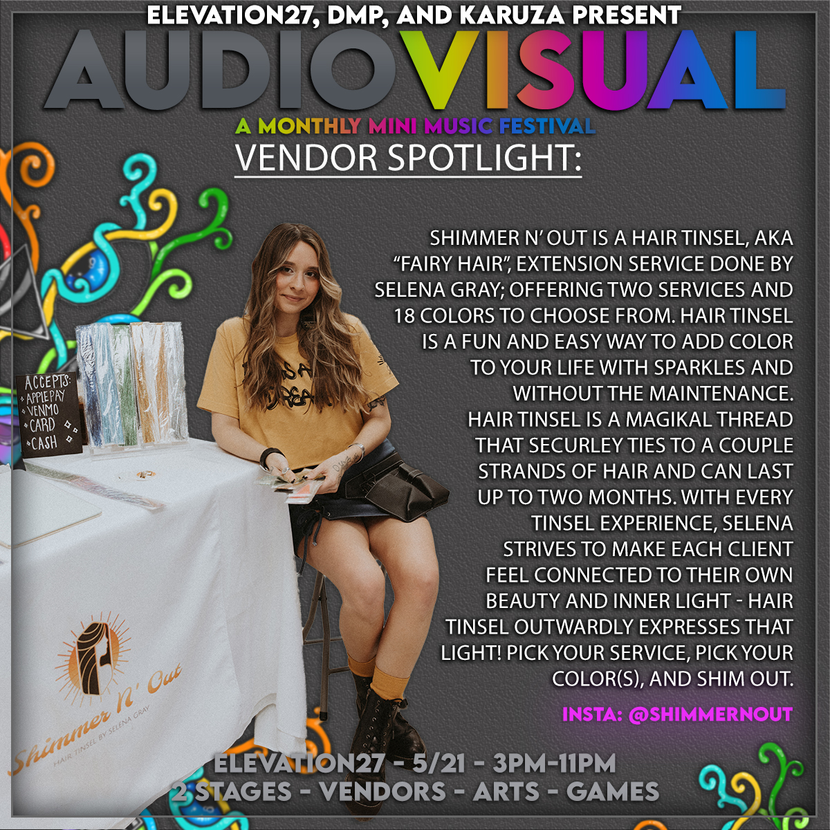 DMPVirginia's tweet photo. ***VENDOR SPOTLIGHT***

Selena Gray is back with us this Sunday for Audio-Visual Mini Fest #3!

INSTA: @shimmernout

Get your tickets for tomorrows show at https://t.co/FdBWTcbrGF https://t.co/bcxGvB14L4
