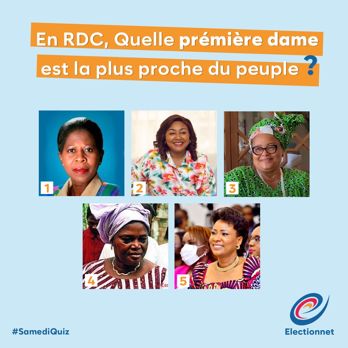 Bon Weekend à vous! Nous espérons  que vous pourrez vous détendre et profiter de votre temps libre.
Alors, selon vous, en RDC, quelle prémière dame est la plus proche du peuple?

#Electionnet #premieredame