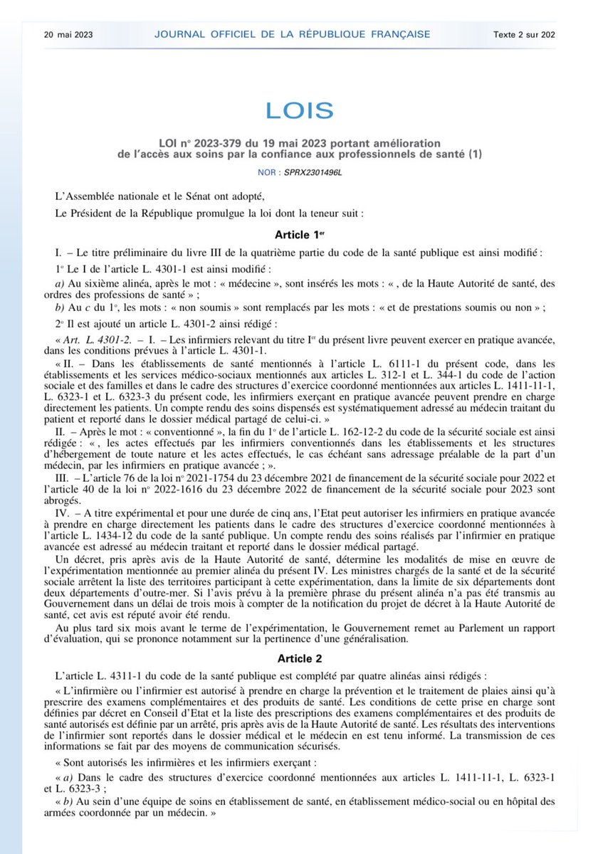 La loi 2023-379 du 19 mai 2023 portant amélioration de l’accès aux soins par la confiance aux professionnels de santé a été publié au journal officiel. L’accès direct pour les IPA est effectif. 

Le texte intégral est disponible sur le lien suivant :