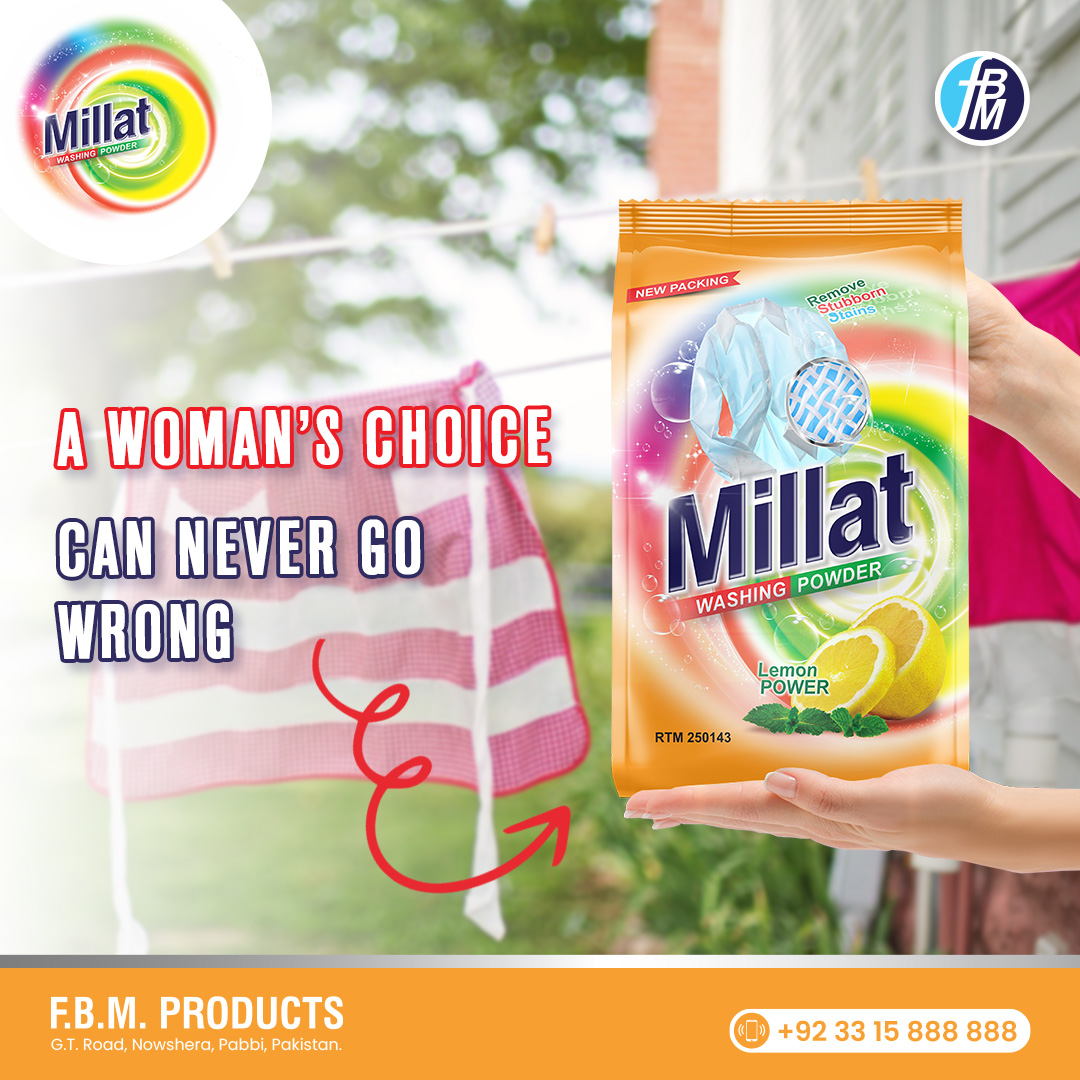 fbmproducts1's tweet image. Unbeatable freshness and spotless results! #MillatWashingPowder #FreshnessUnleashed #SpotlessCleaning #LaundryEssentials #fbmproducts