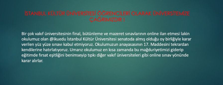 brahim78735382's tweet photo. Sadece birkaç üniversitenin yapacağı yüz yüze sınavların ONLİNE OLMASİNİ İSTİYORUZ  #ikufinalleronline @erolozvar #yök #egitimdefirsatesitligi #ogrenciyizmusteridegil @funeyyuksektepe @ikuedu @bahargunver https://t.co/ixw4xTMP76