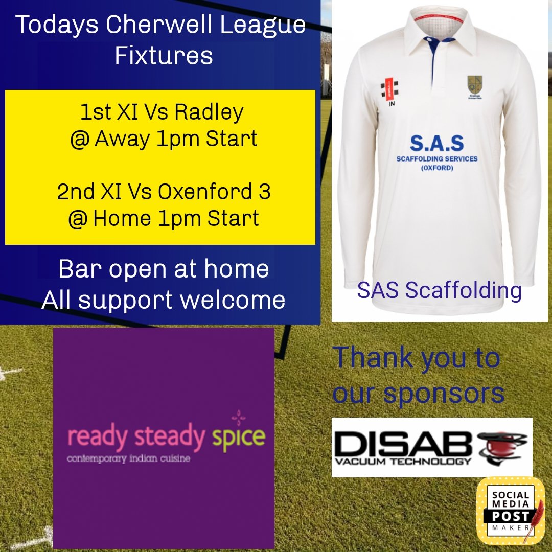 Eynsham Cricket Club (@eynshamcc) on Twitter photo Today's <a href="/Cherwellcricket/">Cherwell Cricket League</a> fixtures
The 1s away to Radley
2s home @oxenfordcc 3
Thank you to our wonderful sponsors
Ball sponsor - <a href="/Readysteadyspic/">Ready Steady Spice</a>
Kit sponsor - SAS Scaffolding
Club sponsor - DISAB Road vacs
Bar open from 2pm all welcome, lovely day to watch the cricket ☀️🏏 Today's <a href="/Cherwellcricket/">Cherwell Cricket League</a> fixtures
The 1s away to Radley
2s home @oxenfordcc 3
Thank you to our wonderful sponsors
Ball sponsor - <a href="/Readysteadyspic/">Ready Steady Spice</a>
Kit sponsor - SAS Scaffolding
Club sponsor - DISAB Road vacs
Bar open from 2pm all welcome, lovely day to watch the cricket ☀️🏏