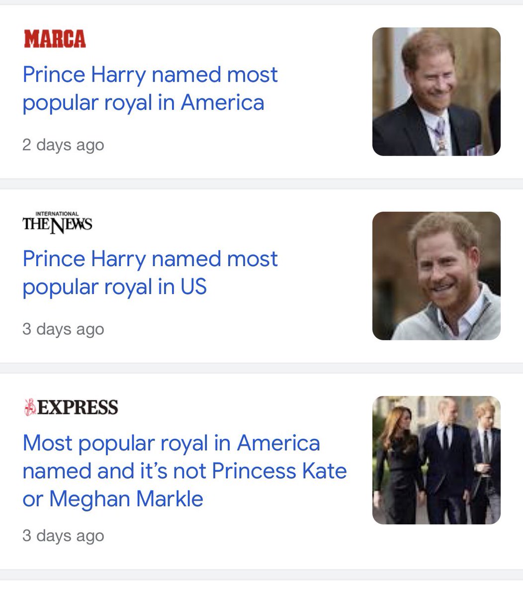 @RobinLynnKing2 Interesting!!! Also, the timing of these headlines printed Tuesday morning! Only in foreign papers. Not US papers, about how H&M are the most popular royals in the US! 🙄

Fake poll. Fake headlines. Fake chase. All for IPP status.

#MeghanAndHarrySmollett