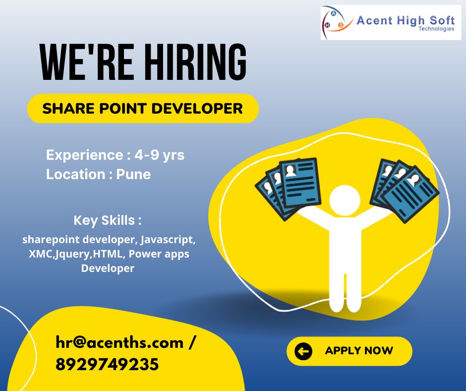 We are Hiring
Position : Share Point Developer

Interested candidate can share their CV at hr@acenths.com or 8929749235

#hiring #hr #cv #sap #share #PrivateBank #BankJobs #jobs #jobsearch #job #bankingjobs #opportunities #BankingJobs #mumbai #jobs #privatejobs #hiring #jobs