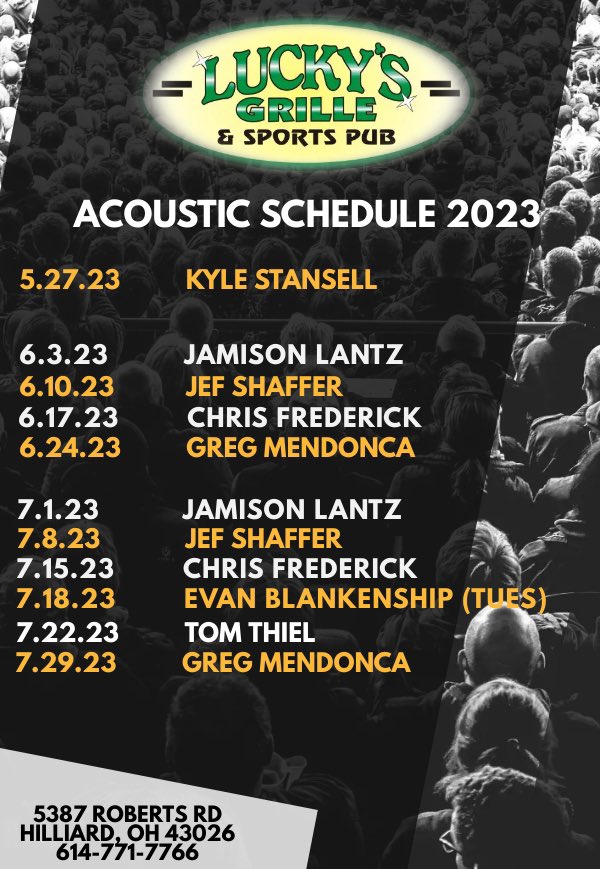 Luckys_Grille's tweet photo. Join us on Saturday Evenings starting on 5.27.23 from 6-9pm for Acoustic on the Patio! Rain or Shine! If the weather is nice, music will be outside. If it’s not, music will be located inside.

Pull up a chair, sit by the fire and enjoy a cold beer and some acoustic! https://t.co/QScVlQFrhc