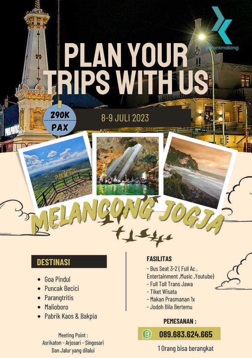 JkTransofficial's tweet photo. Jika harimu hanya untuk rebahan , maka kumpulkan uang mulai sekarang, dan liburan seru dengan Jk Trans.
INFO DAN PEMESANAN :
Whatsapp : https://t.co/otxj4uBm0S

#melancongjogja #opentripjogja #tripjogja #liburanjogja #kejogja #jogja #wisatajogja #trip #liburanhemat #paketliburan https://t.co/8XRd3as0w9