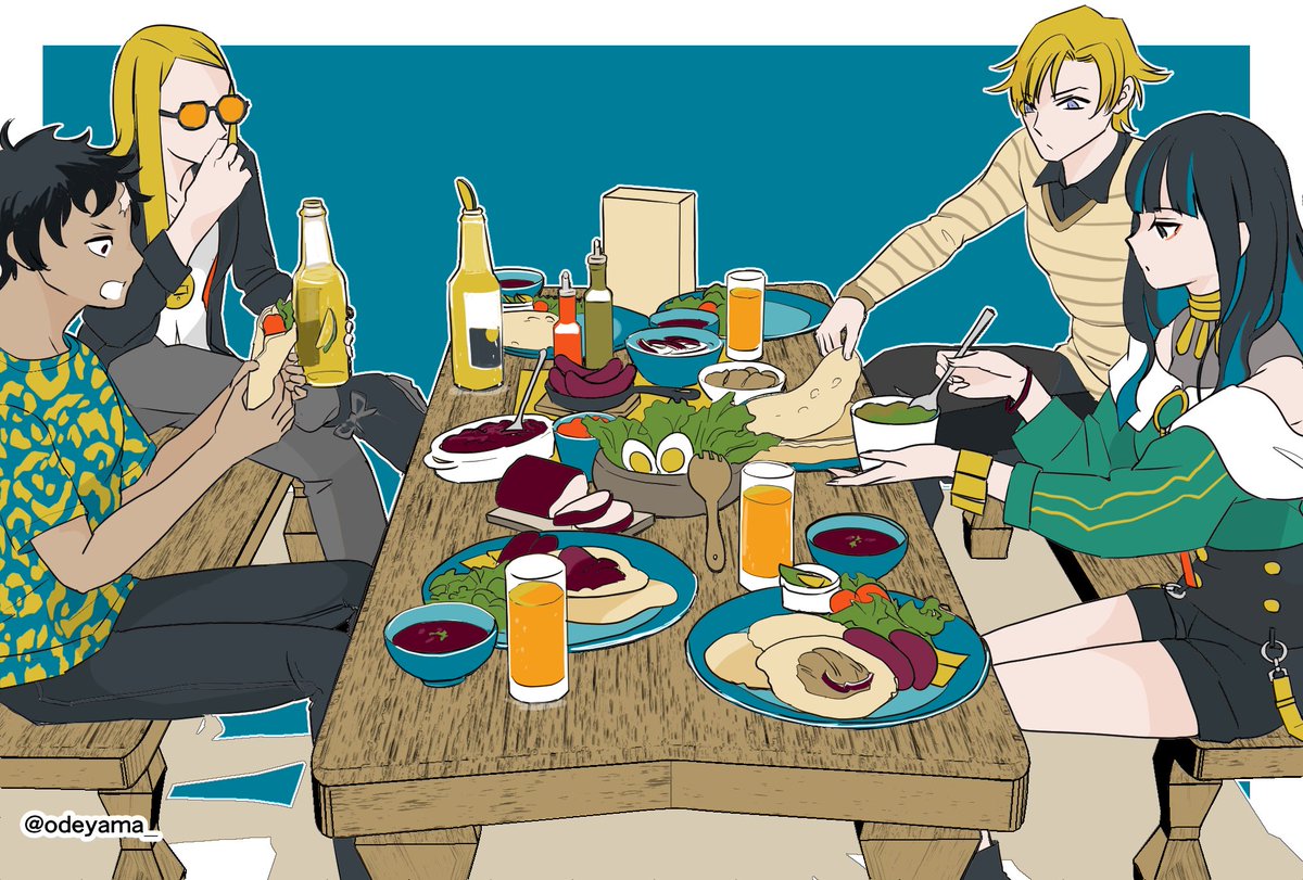 food multiple boys black hair blonde hair shirt table pants  illustration images