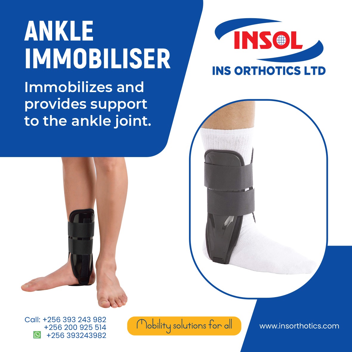 An ankle immobilizer restricts movement and provides support to the ankle joint for ankle injuries such as sprains, strains, fractures, or after ankle surgery.
The immobilizer limits motion in the ankle while allowing the person to walk or bear weight on the affected leg.