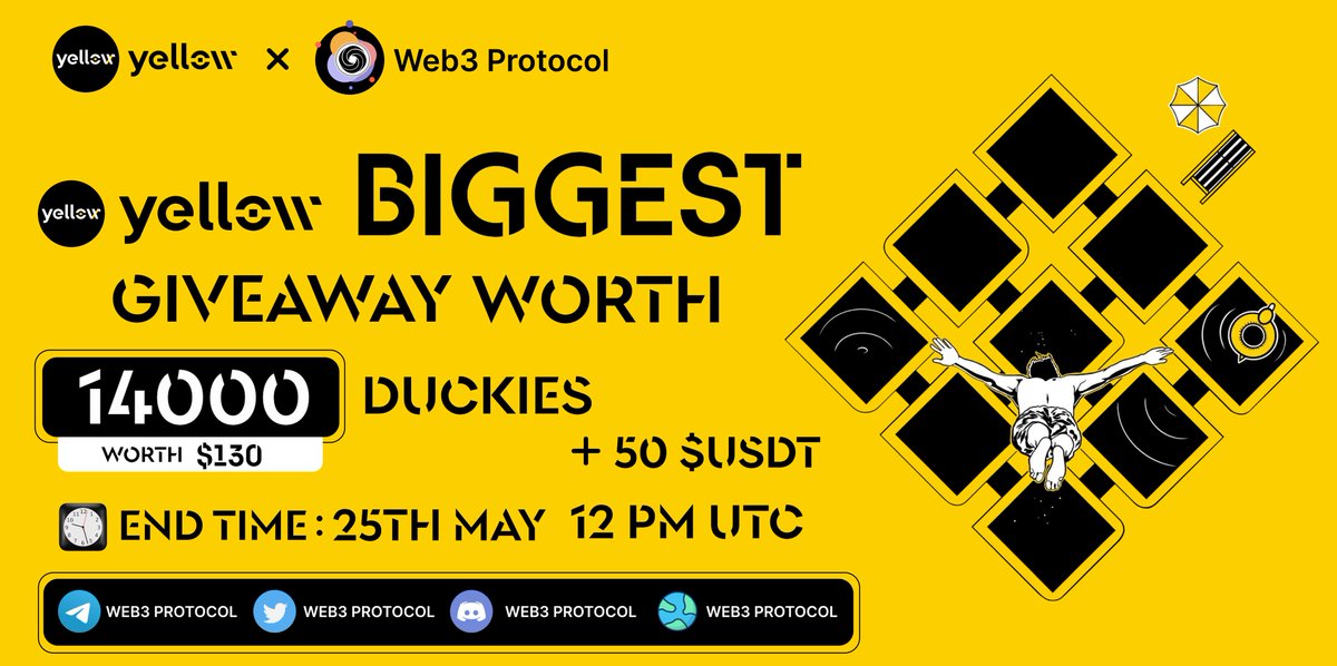 🎉Web3 Protocol X Yellow Network Giveaway

🏆Prize Pool:- 14000 $Duckies + 50 $USDT 

( Listed on CMC & Coingecko)

To Enter:- 
✔️Follow @Web3_Protocol & @Yellow
✔️Like and RT 3 friends
✔️Fill form :- tinyurl.com/bp5z9tz5

#Airdrop #Giveaway #Giveaways #Yellow_Network