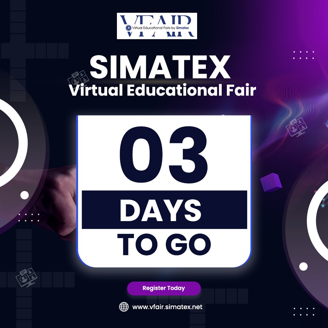 Studyrussia2022's tweet image. The clock is ticking down, with just 03 days remaining until the Simatex virtual educational fair provides the premier education opportunity for international students in Russia.
Hurry! Book your slot now
👉 vfair.simatex.net
#countdown #countdownpost #event