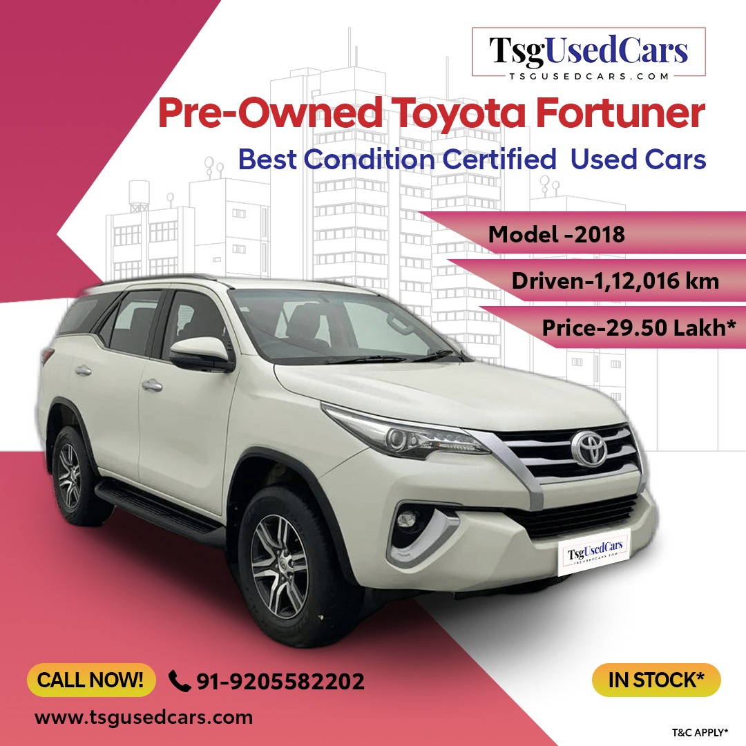 Experience driving at its best with a used Toyota car and Explore the world in style and comfort with➡️ #ToyotaFortuner

Call Now: +91-9205582202

Explore: bit.ly/ToyotaFortuner… 
WhatsApp: bit.ly/WhatsApp_TsgUs…

#TsgUsedCars #UsedToyotaFortuner  #UsedToyotaCar #PreOwnedCar