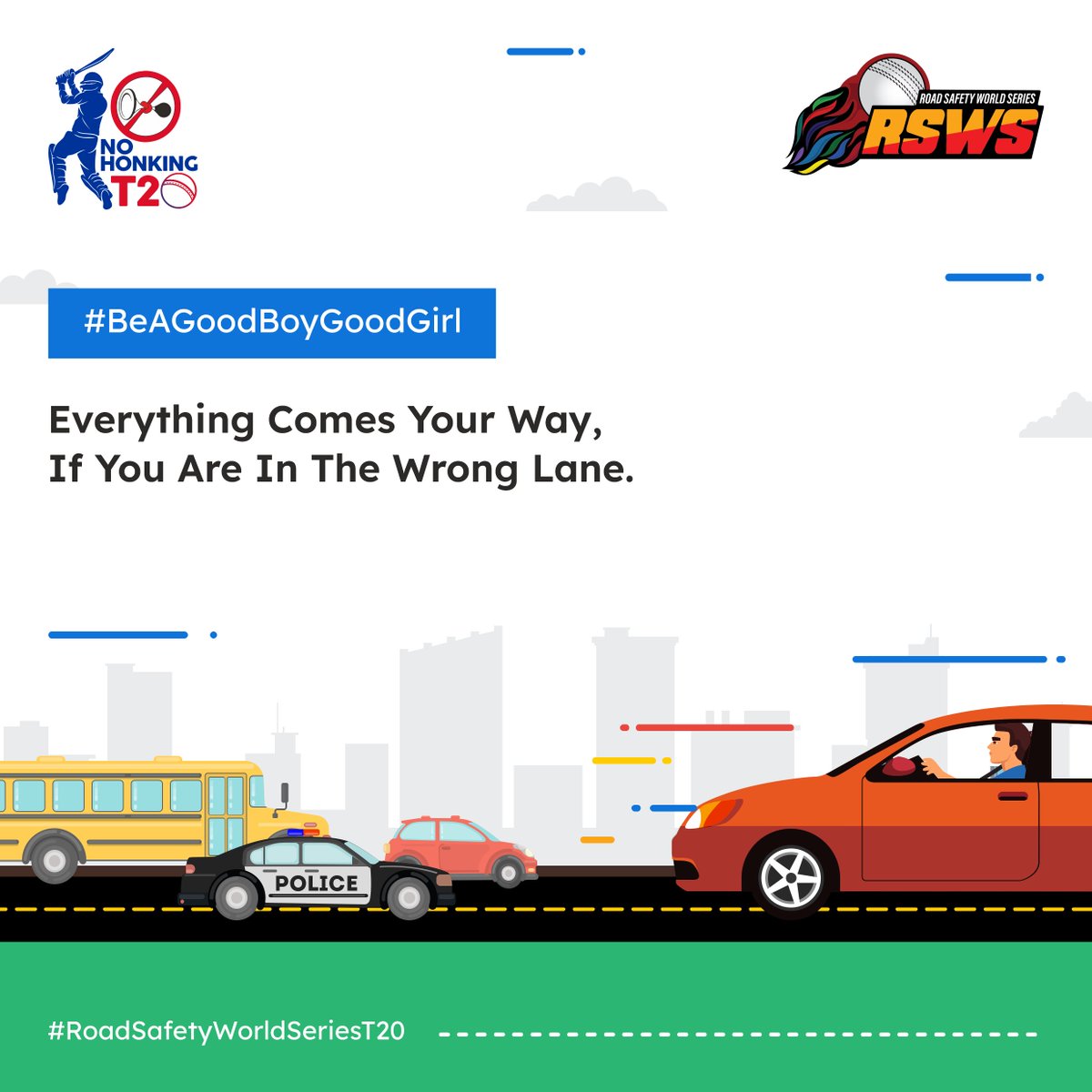 RSWorldSeries's tweet image. Don't be a road wanderer, stay on the right side and avoid the blunders #BeAGoodBoyGoodGirl, let's add some wit to our drive, choose the right lane and stay alert.
#cricket #NoHonking #Roadsafety #RSWS #RoadSafetyWorldSeriesT20