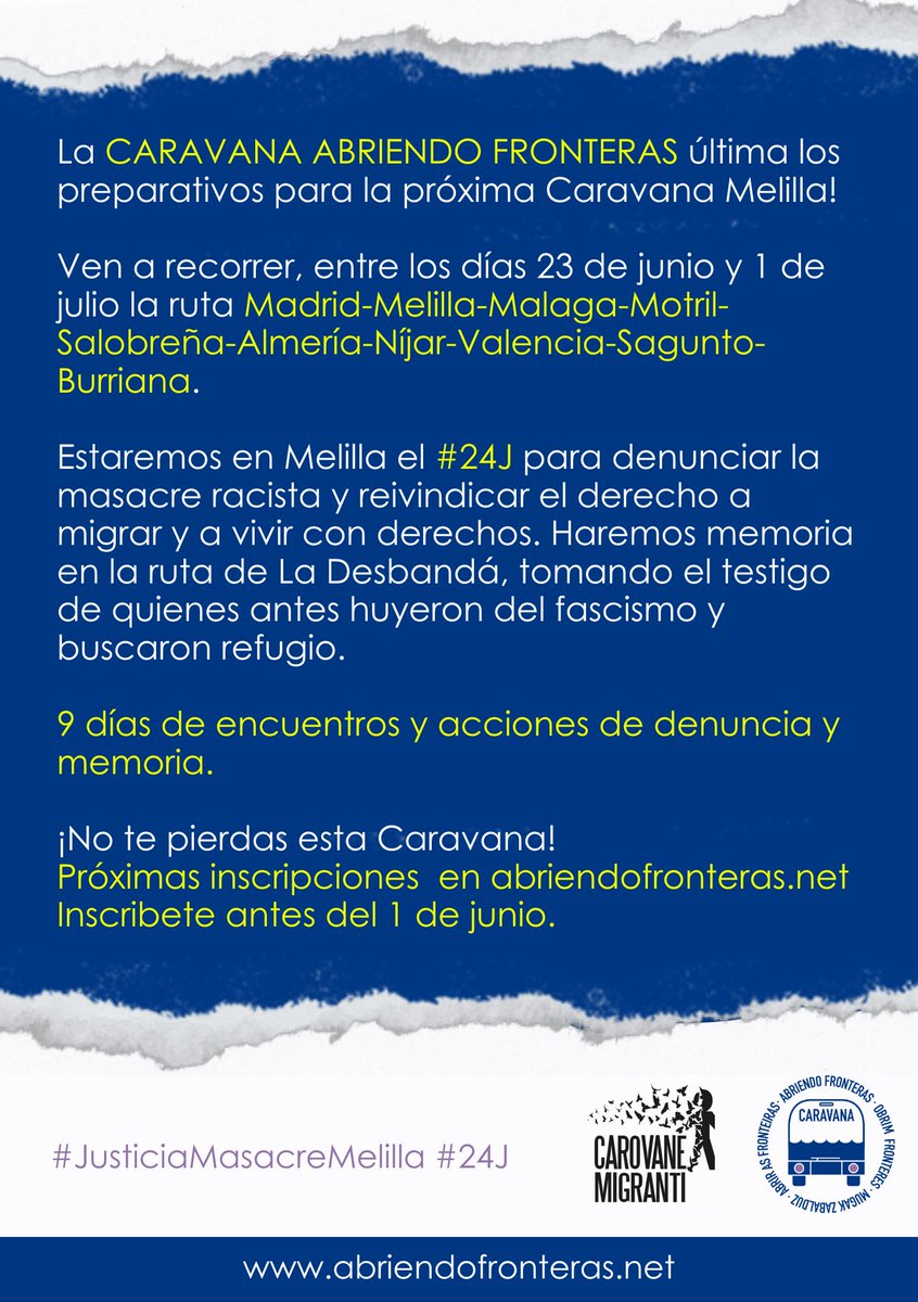 📢 Ya está abierto el plazo de #INSCRIPCION para la  #CaravanaMelilla2023 ‼️

📆 Apúntate antes del 1 de junio

📝 Enlace a formularios 👇🏿
bit.ly/41YvGZr