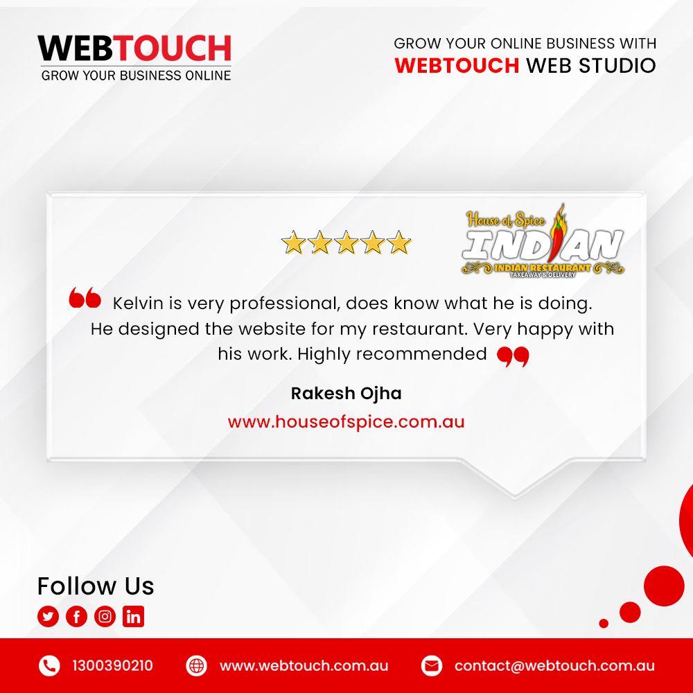 🔥We Appreciate the Love🔥

🎉Customer Feedback on our Recent Launch. 
👇🏻Get in Touch for a Free Quote👇🏻
📱1300 390 210
🌐webtouch.com.au
📩contact@webtouch.com.au
 #newwebsite #newwebsites #indianfood #indianfoodrecipes