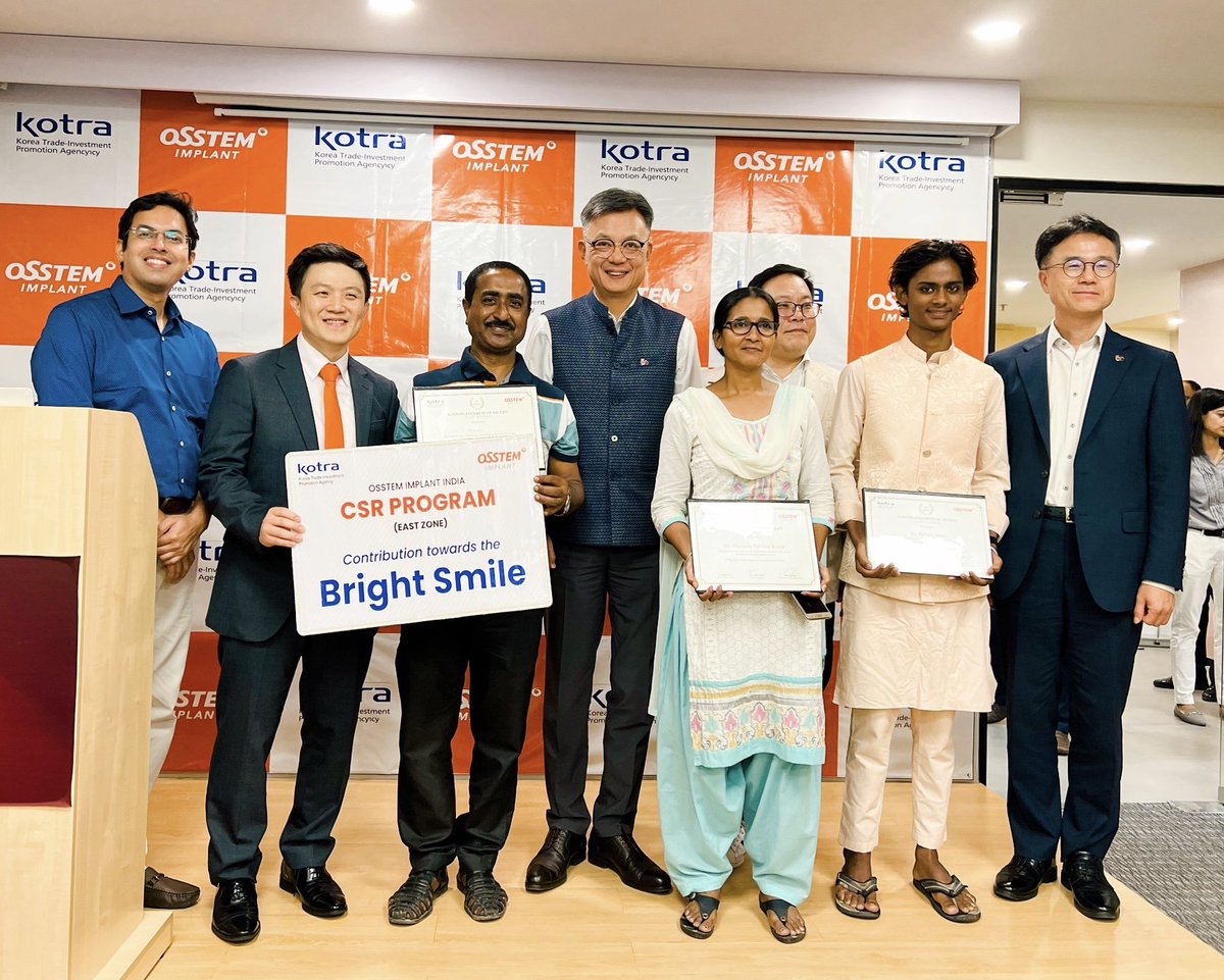 RokEmbIndia's tweet photo. As part of “#KoreaontheMove!”, Ambassador @ChangJaebok1 attended the CSR event and seminar hosted by Osstem Implant in #Kolkata, May 19, 2023. https://t.co/mjko1WDxKF