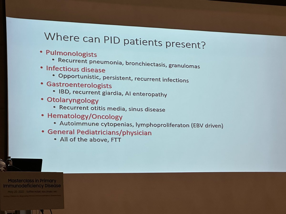 Opening talk by Dr Hiba Al Shendi in today’s terrific masterclass in #PID —important signs/symptoms for #pediatric providers to know (including #pedsID #IDtwitter 👇🏼 #Immunology #infectiousdiseases 🔬