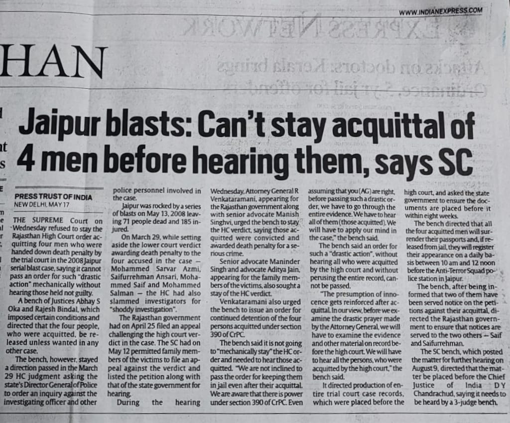 adityagnlu's tweet photo. Pleased to represent the victims in Jaipur Bomb Blast Case. We were led by Sr. Adv Maninder Singh.

Supreme Court has put stringent conditions on their release and fixed the matter for hearing before Chief Justice on 9th August.

#supremecourt #victims #justice https://t.co/XLR6lJXAeH