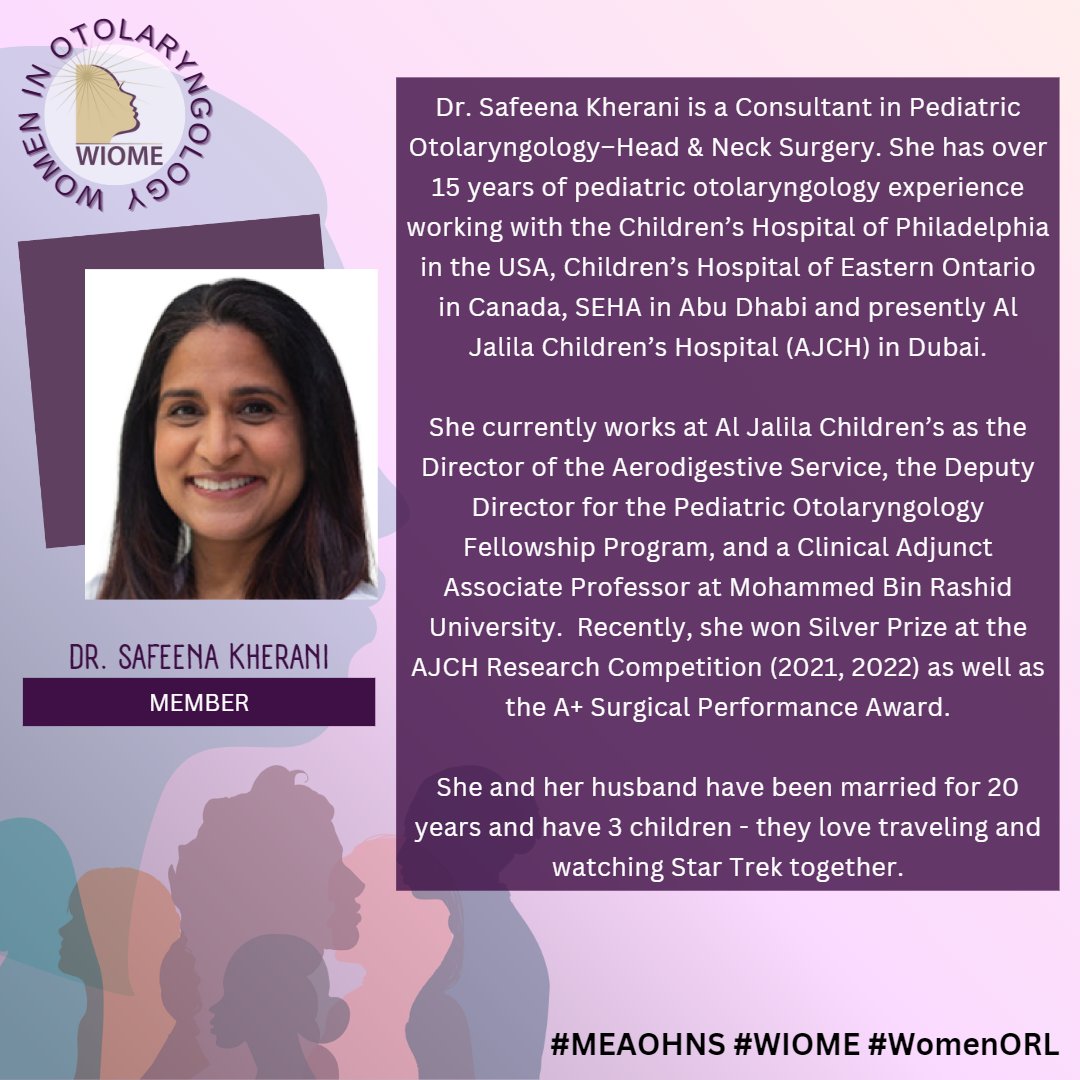 WIOME_ORL's tweet image. The WIOME 2023 community is privileged to have Dr. Safeena Kherani as a featured member, a pediatric otolaryngology-head &amp;amp; neck surgeon from Dubai, UAE, bringing her experience and knowledge to our event.

Sign up today at bit.ly/WIOME
#WIOME, #WomenInMedicine