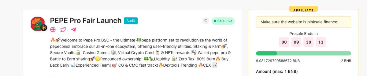chinapumprocket's tweet photo. 🔊PEPE Pro - #PEPRO | BSC | RELAUNCH ON PINKSALE
After having some issues of previous sale, and now #PEPRO is having its fairlaunch on Pinksale with 2 BNB softcaps. As checked, this contract was audited by AnalytixAudit and was KYC'd by EtherAuthority. cuz it's a community-driven project, so it's ZERO TAX, renounced ownership and no team wallet as well.
🚀 Pinksale link: https://t.co/pLkGzuQpD6
Relevant links
✉️Telegram: https://t.co/nToBC0wzKO
🌐Website: https://t.co/vjP6VStNoK
🕊Twitter: https://t.co/TGi6cGnuTE
#NFA | #DYOR