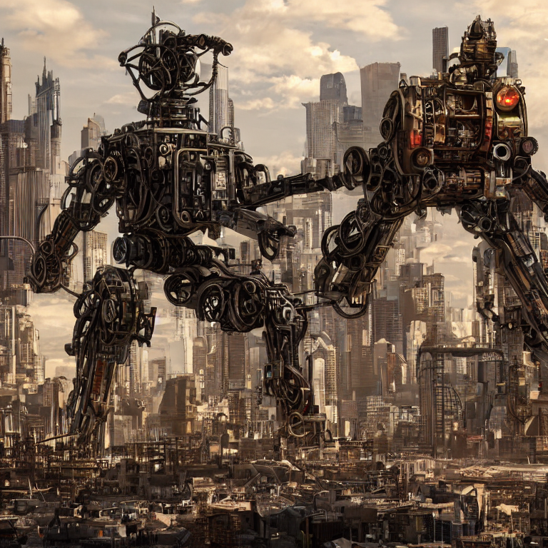 CREAIT_OFFICIAL's tweet photo. A cityscape with a giant robot made of scrap metal in the center, inspired by steampunk aesthetic, highly detailed, 3d render in 4k resolution, volum #aiart #aigeneratedart https://t.co/YPjxg5v73G