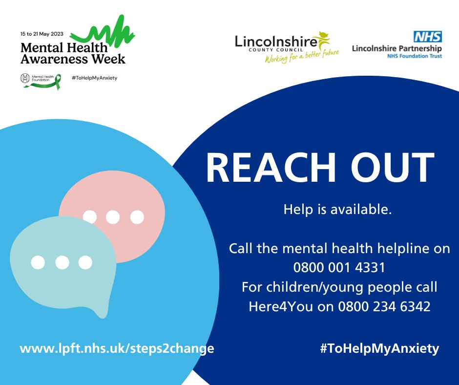 Reduce anxiety this #MentalHealthAwarenessWeek with this top tip:

Reach out. 
Call the mental health helpline on 0800 001 4331
For children, call Here4You on 0800 234 6342

Visit Steps2Change at lpft.nhs.uk/steps2change to see help available in Lincolnshire

#ToHelpMyAnxiety