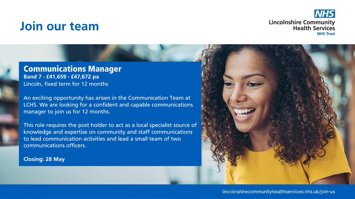 #JoinOurTeam - Communications Manager

This role is the perfect opportunity for those wanting to enter their first leadership role. 

▶️Apply: …lnshirecommunityhealthservices.nhs.uk/job/UK/Lincoln…

#InternalComms #ExternalComms #Media #StakeholderManagement #Campaigns #Creative #Leadership #NHSJobs #CommsJobs