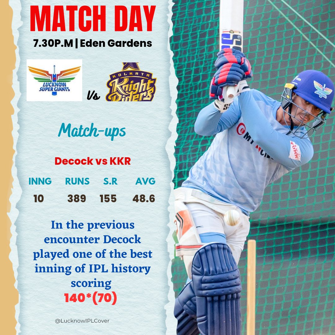 LucknowIPLCover's tweet photo. #SuperStats De Kock 🆚 KKR:⤵️

Q D K-night to remember. 🙌
#GazabAndaz | #KKRvLSG https://t.co/w42lrjb3aX