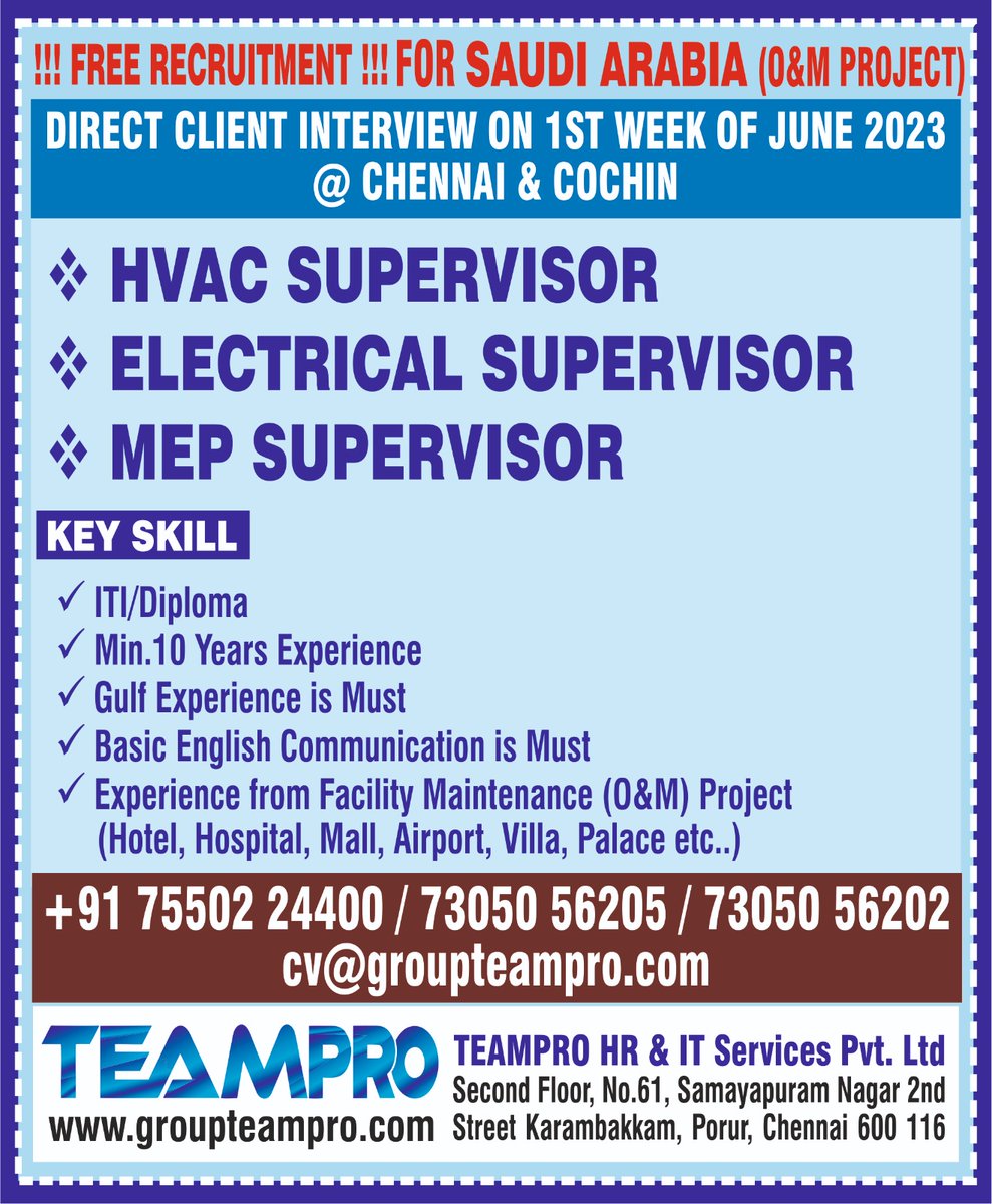 #Saudi #saudijobs   #freerecruitment #direct #interview #immediatejoining #veryurgent #chennai   #cochin #saudijobseeker #Supervisor #HVAC #MEP #Electrical #veryurgent   #immediate #saudiarabia #operation #maintenance #facilitymanagement #saudi