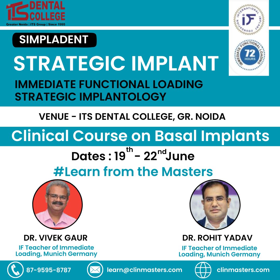 ClinMasters's tweet image. Basal implant course by ClinMasters. Take your practice to the next level with industry experts' latest techniques and insights. Don't miss out on this incredible opportunity to become a true master in implant prosthetics.
#clinmasters #basalimplants #learnfrromtheexperts